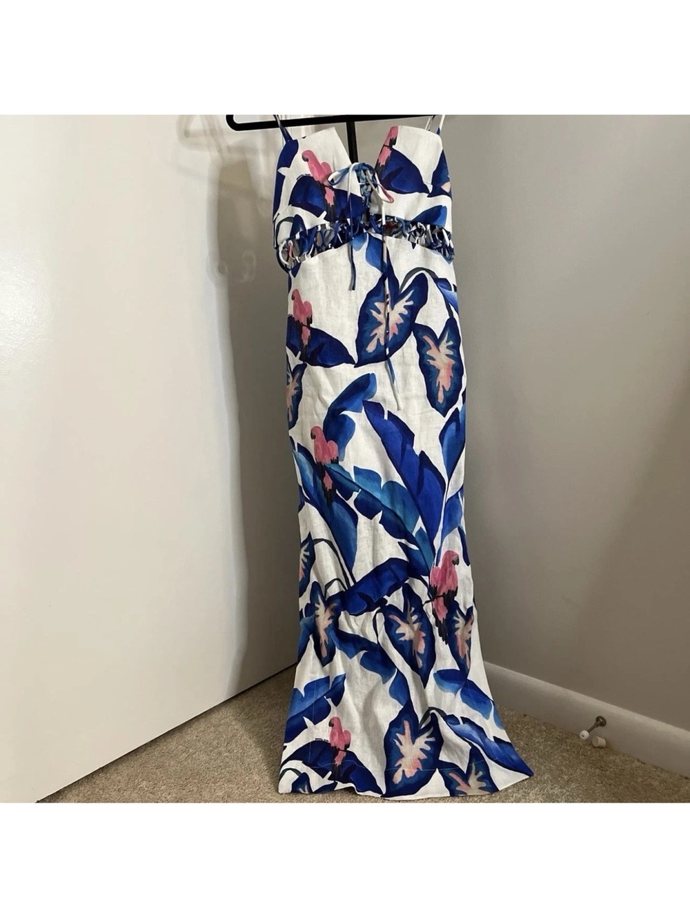 Women's Farm Rio Dress S Linen Anthropologie New Blue White Midi Floral Tropical - Picture 2 of 7
